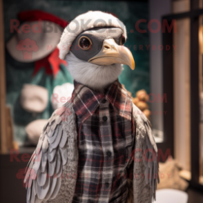 Silver Guinea Fowl mascot costume character dressed with a Flannel Shirt and Beanies