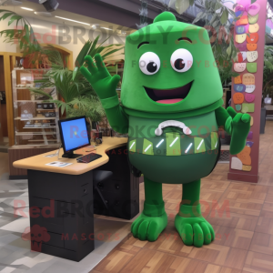 Forest Green Computer mascot costume character dressed with a Swimwear and Messenger bags
