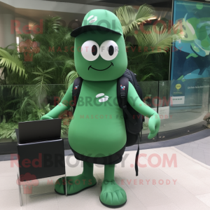 Forest Green Computer mascot costume character dressed with a Swimwear and Messenger bags