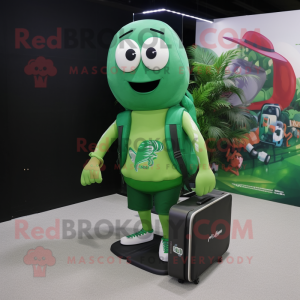Forest Green Computer mascot costume character dressed with a Swimwear and Messenger bags
