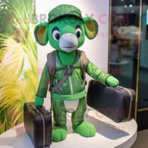 Forest Green Computer mascot costume character dressed with a Swimwear and Messenger bags