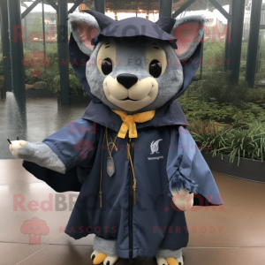 Navy Bat mascot costume character dressed with a Raincoat and Necklaces