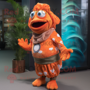 Rust Clown Fish mascot costume character dressed with a Playsuit and Scarves