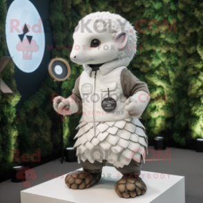 White Pangolin mascot costume character dressed with a Overalls and Smartwatches