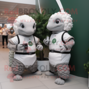 White Pangolin mascot costume character dressed with a Overalls and Smartwatches