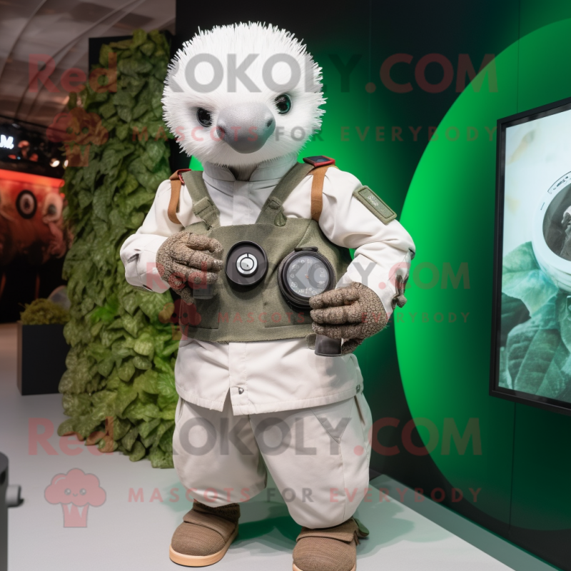 White Pangolin mascot costume character dressed with a Overalls and Smartwatches