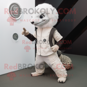 White Pangolin mascot costume character dressed with a Overalls and Smartwatches