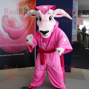 Pink Goat mascot costume character dressed with a Cover-up and Belts