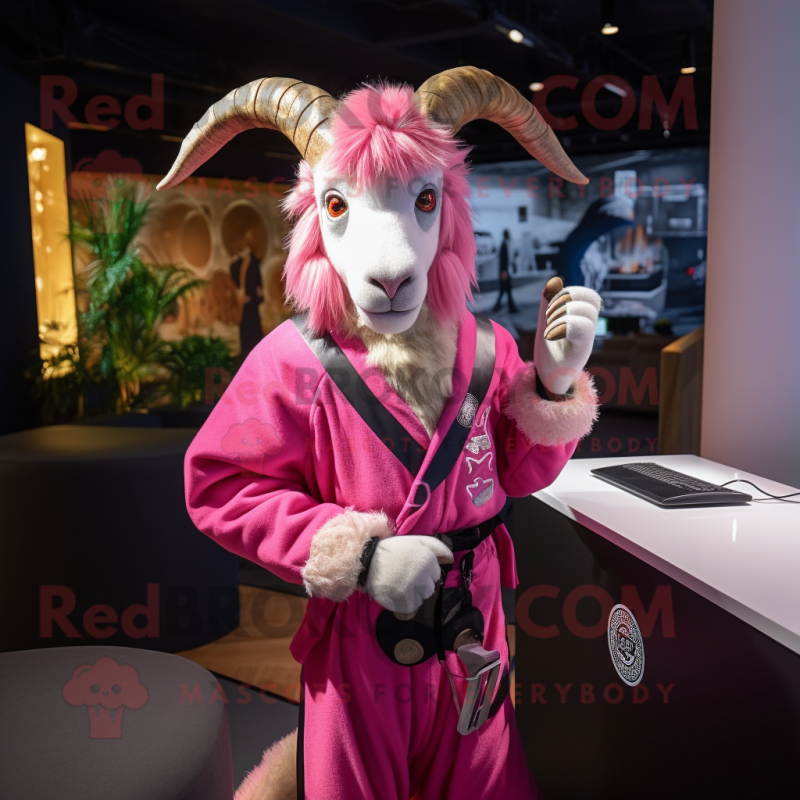 Pink Goat mascot costume character dressed with a Cover-up and Belts Pink Goat mascot costume character dressed with a Cover-up and Belts