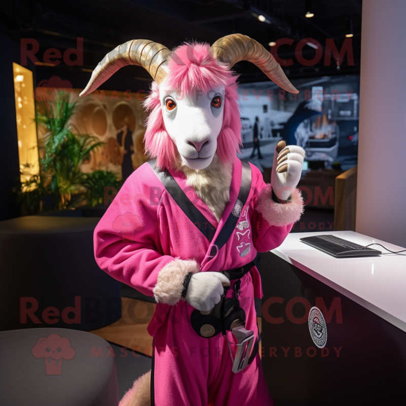 Pink Goat mascot costume character dressed with a Cover-up and Belts