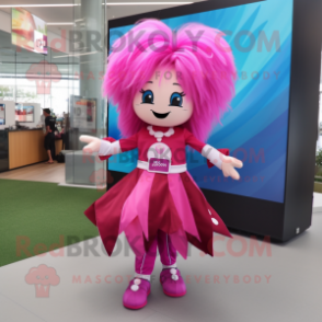 Magenta Acrobat mascot costume character dressed with a A-Line Dress and Hair clips