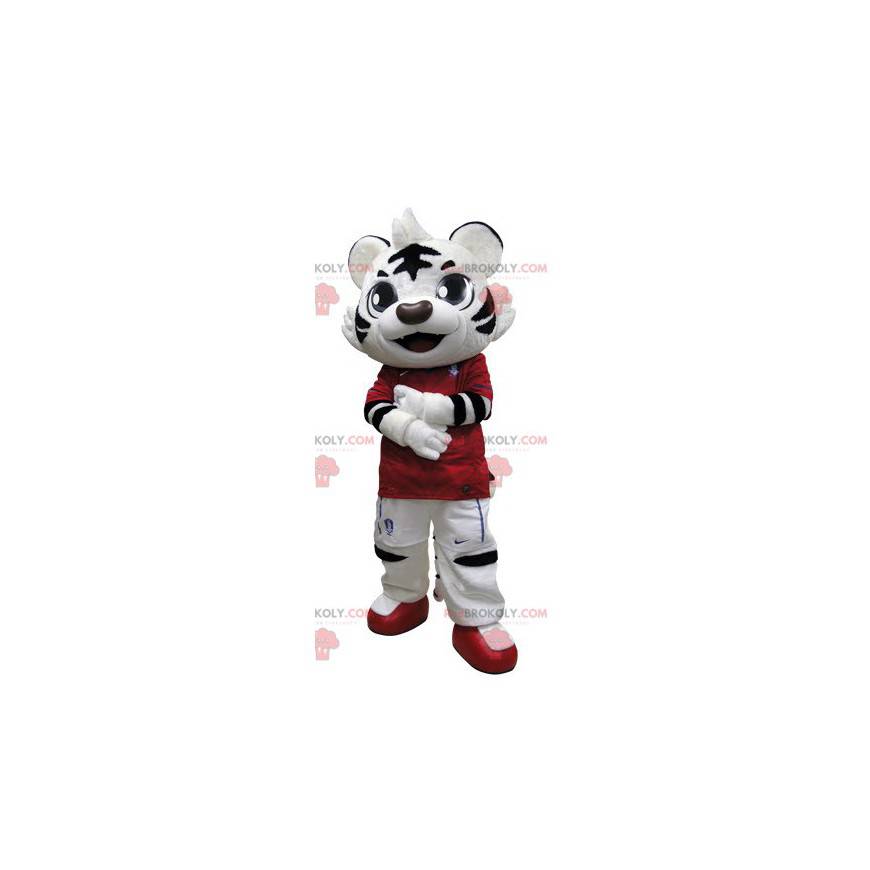 Maskot černý a bílý tygr oblečený v červené barvě -