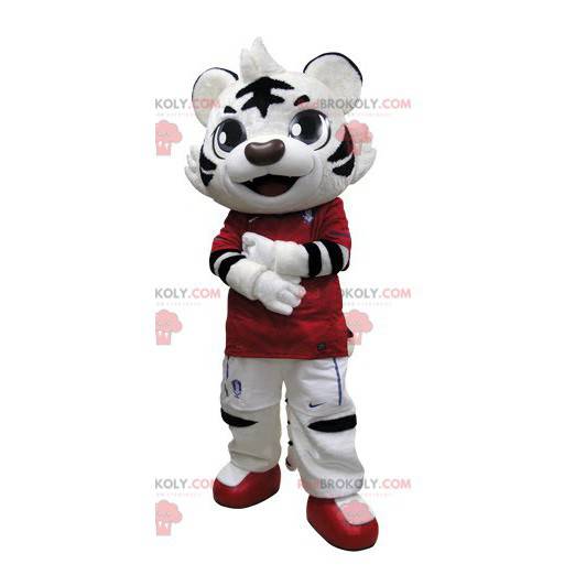 Maskot černý a bílý tygr oblečený v červené barvě -