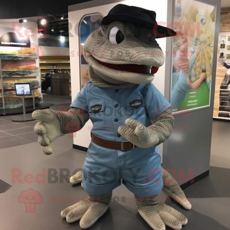 Gray Anaconda mascot costume character dressed with a Denim Shorts and Hats