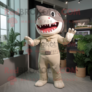 Beige Shark mascot costume character dressed with a Jumpsuit and Suspenders