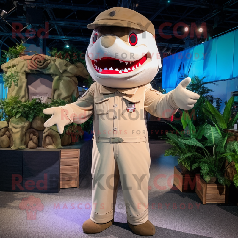 Beige Shark mascot costume character dressed with a Jumpsuit and Suspenders