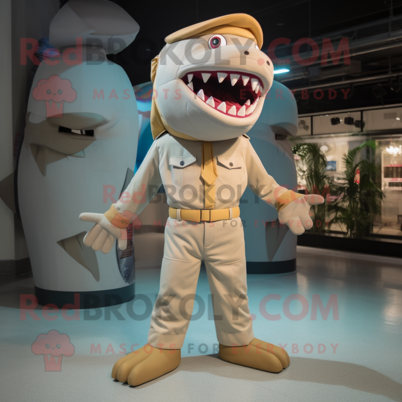 Beige Shark mascot costume character dressed with a Jumpsuit and Suspenders