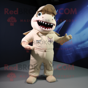 Beige Shark mascot costume character dressed with a Jumpsuit and Suspenders