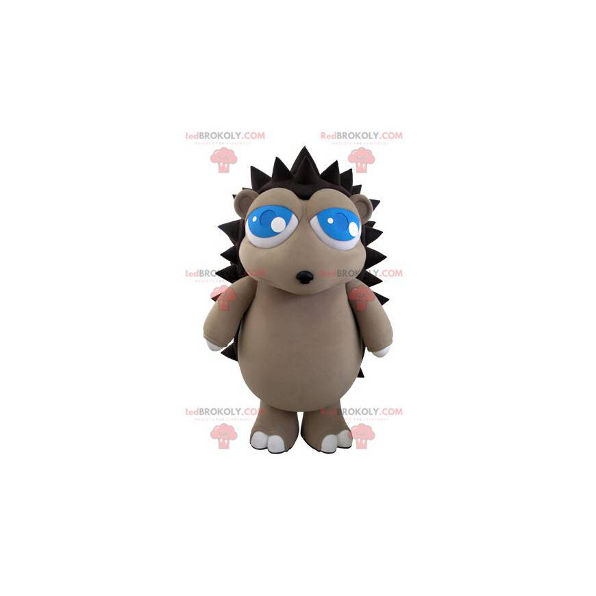 Gray and brown hedgehog mascot with pretty blue eyes -