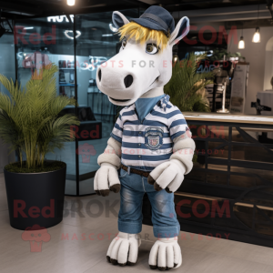 White Quagga mascot costume character dressed with a Denim Shorts and Keychains