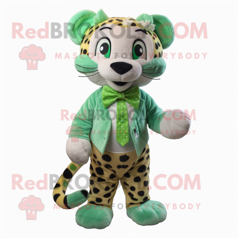 Green Cheetah mascot costume character dressed with a Trousers and Bow ties