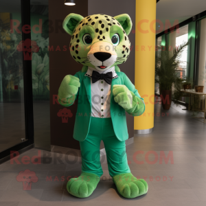 Green Cheetah mascot costume character dressed with a Trousers and Bow ties