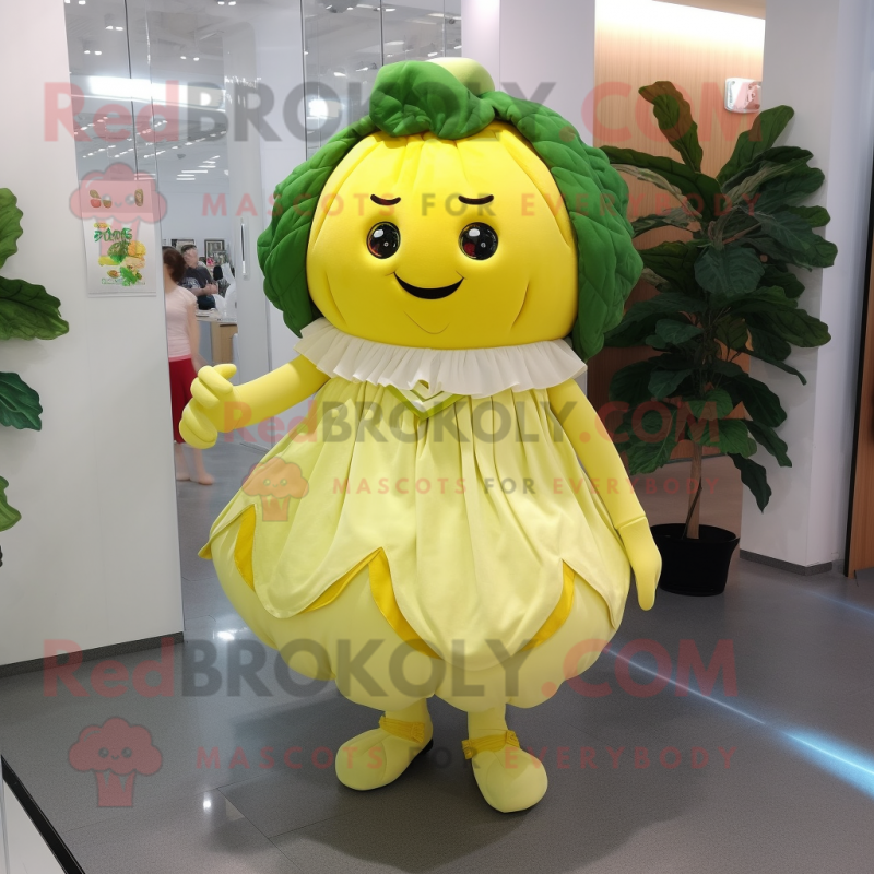 Lemon Yellow Cabbage mascot costume character dressed with a Dress Pants and Shoe clips