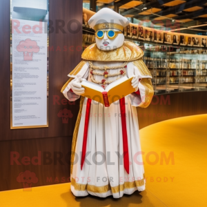 Gold Swiss Guard mascot costume character dressed with a Wedding Dress and Reading glasses