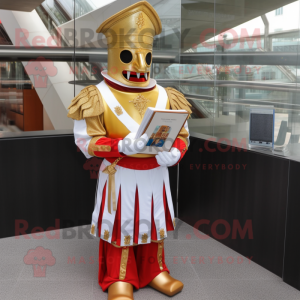 Gold Swiss Guard mascot costume character dressed with a Wedding Dress and Reading glasses