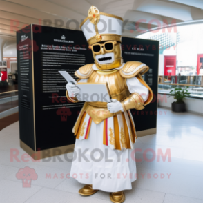 Gold Swiss Guard mascot costume character dressed with a Wedding Dress and Reading glasses