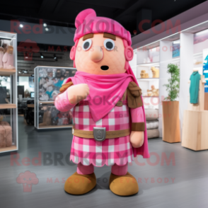 Pink Roman Soldier mascot costume character dressed with a Flannel Shirt and Earrings