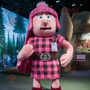 Pink Roman Soldier mascot costume character dressed with a Flannel Shirt and Earrings