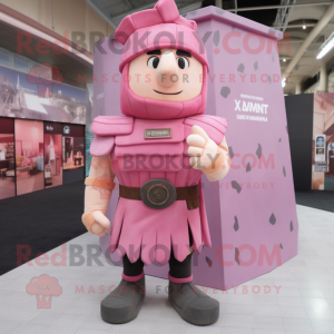 Pink Roman Soldier mascot costume character dressed with a Flannel Shirt and Earrings