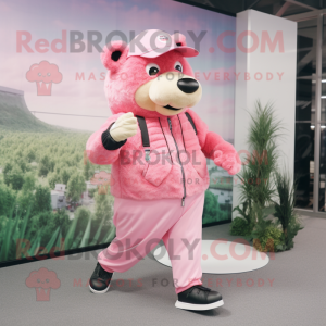 Pink Bear mascot costume character dressed with a Vest and Shoe clips
