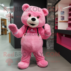 Pink Bear mascot costume character dressed with a Vest and Shoe clips