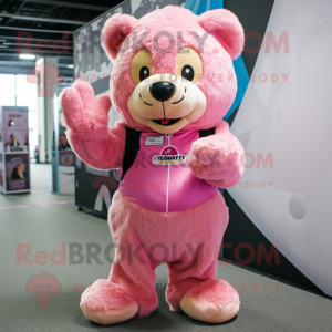 Pink Bear mascot costume character dressed with a Vest and Shoe clips