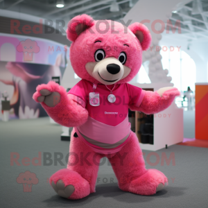 Pink Bear mascot costume character dressed with a Vest and Shoe clips