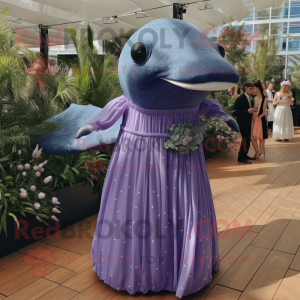 Lavender Humpback Whale mascot costume character dressed with a Maxi Dress and Tie pins