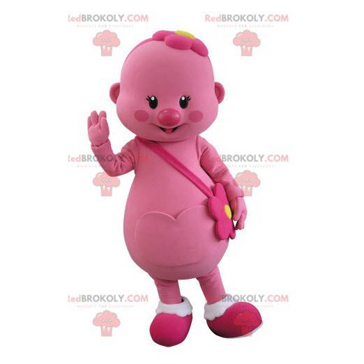 Pink snowman mascot with a flower on his head - Redbrokoly.com