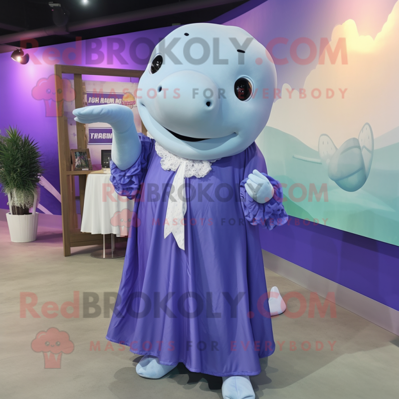 Lavender Humpback Whale mascot costume character dressed with a Maxi Dress and Tie pins