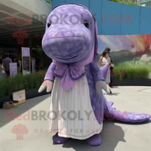 Lavender Humpback Whale mascot costume character dressed with a Maxi Dress and Tie pins