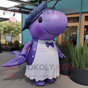 Lavender Humpback Whale mascot costume character dressed with a Maxi Dress and Tie pins