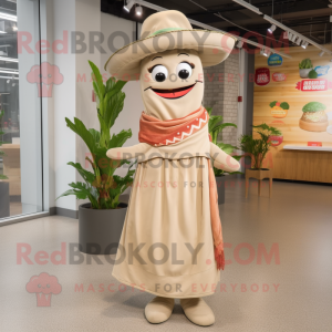 Beige Fajitas mascot costume character dressed with a Midi Dress and Shoe laces