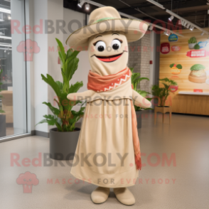 Beige Fajitas mascot costume character dressed with a Midi Dress and Shoe laces