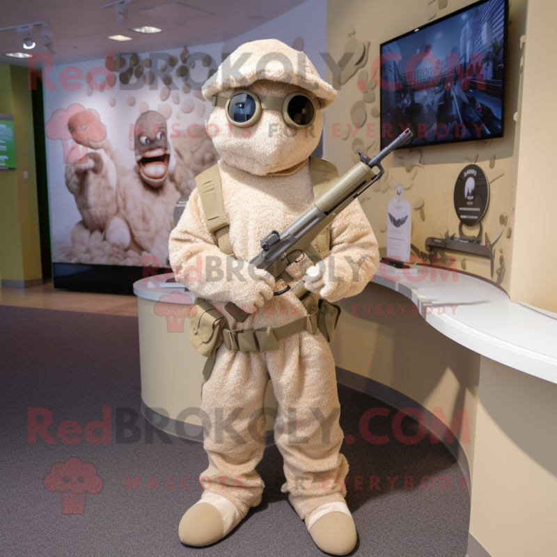 Beige Sniper mascot costume character dressed with a Playsuit and Necklaces Beige Sniper mascot costume character dressed with a Playsuit and Necklaces