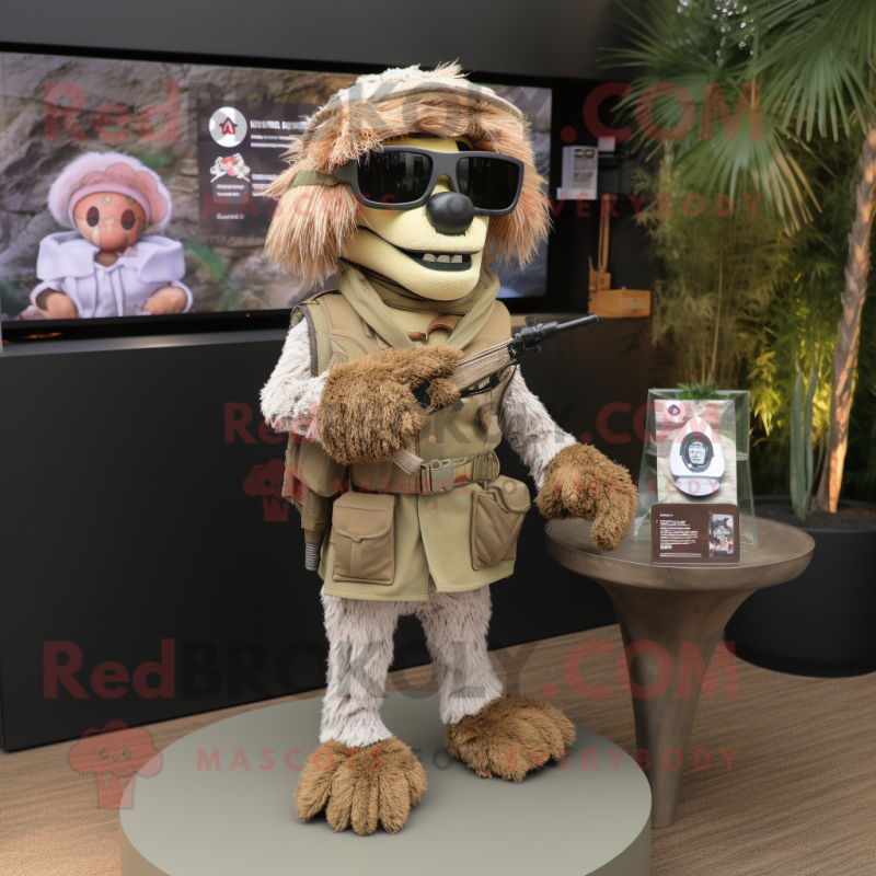 Beige Sniper mascot costume character dressed with a Playsuit and Necklaces Beige Sniper mascot costume character dressed with a Playsuit and Necklaces