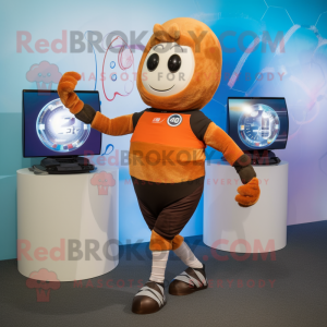 Rust Rugby Ball mascot costume character dressed with a Yoga Pants and Digital watches