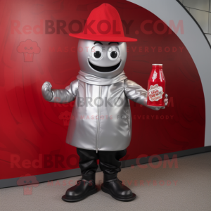 Silver Bottle Of Ketchup mascot costume character dressed with a Leather Jacket and Caps