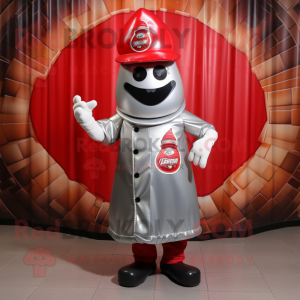 Silver Bottle Of Ketchup mascot costume character dressed with a Leather Jacket and Caps