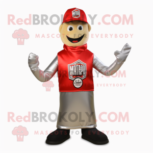 Silver Bottle Of Ketchup mascot costume character dressed with a Leather Jacket and Caps